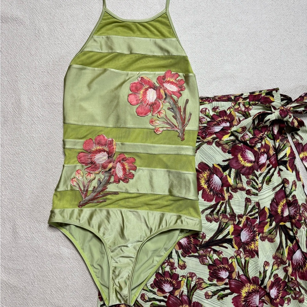 Agua De Coco Lime Green Floral One Piece Swimsuit & Matching Coverup Skirt L - Picture 2 of 11